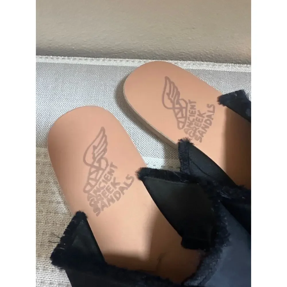 ANCIENT GRREK SANDALS Thais Black Frayed Silk Size 39 US 8-8.5